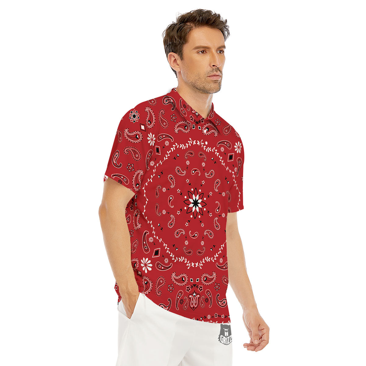 Bandana White And Red Print Men's Golf Shirts-grizzshop