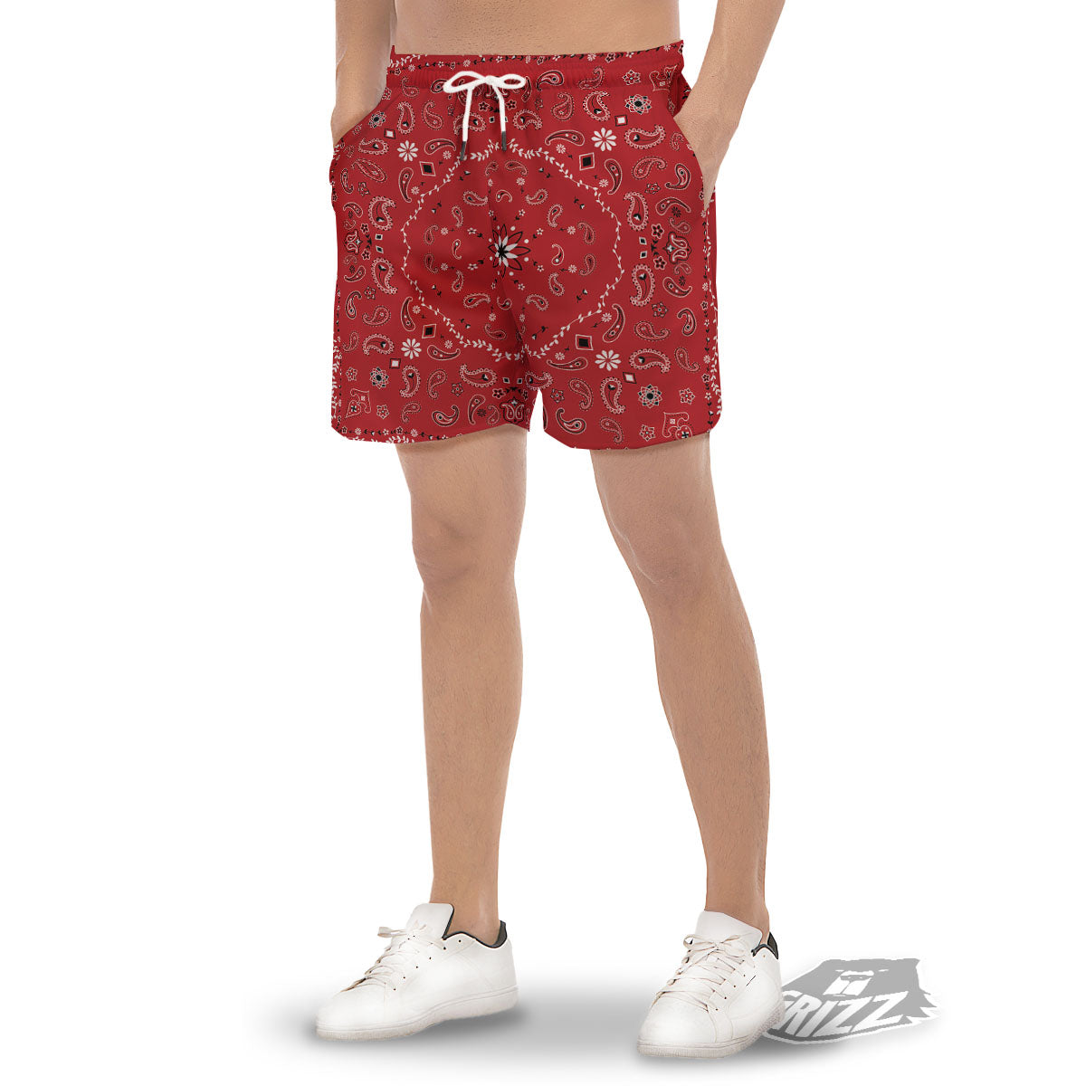 Bandana White And Red Print Men's Gym Shorts-grizzshop