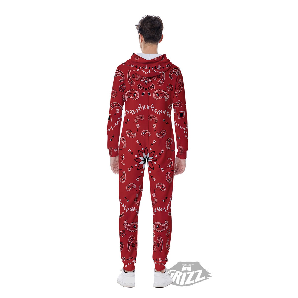 Bandana White And Red Print Men's Jumpsuit-grizzshop