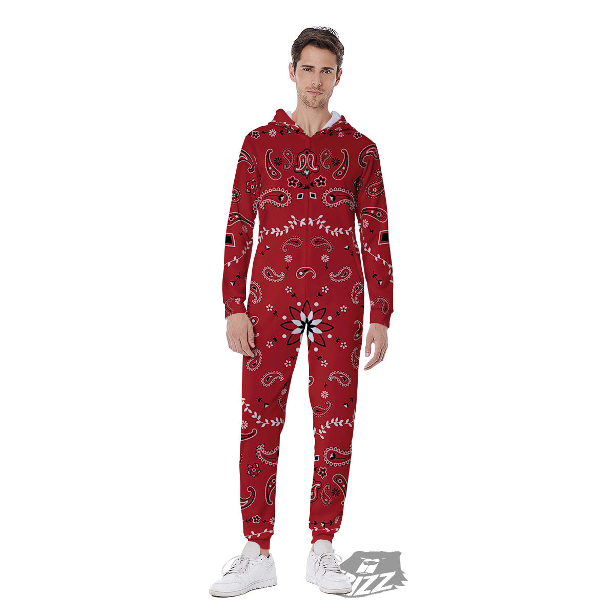 Bandana White And Red Print Men's Jumpsuit-grizzshop