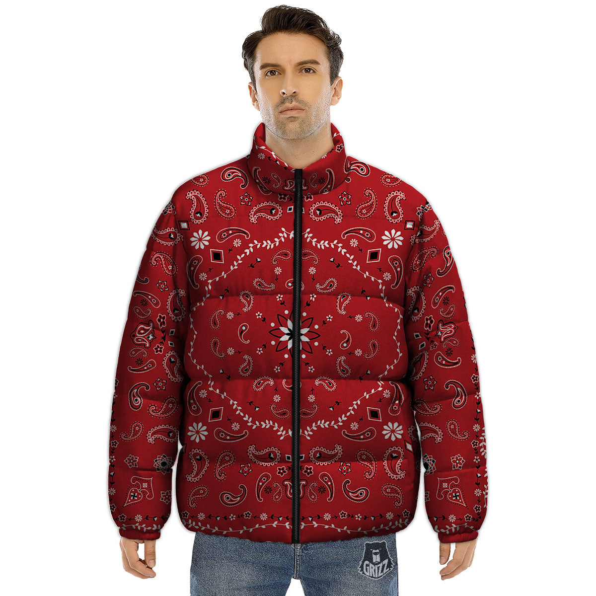 Bandana White And Red Print Puffer Jacket-grizzshop