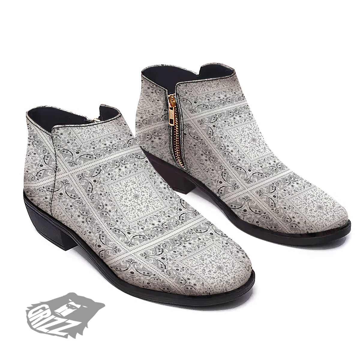 Bandana White Paisley Print Pattern Ankle Boots-grizzshop