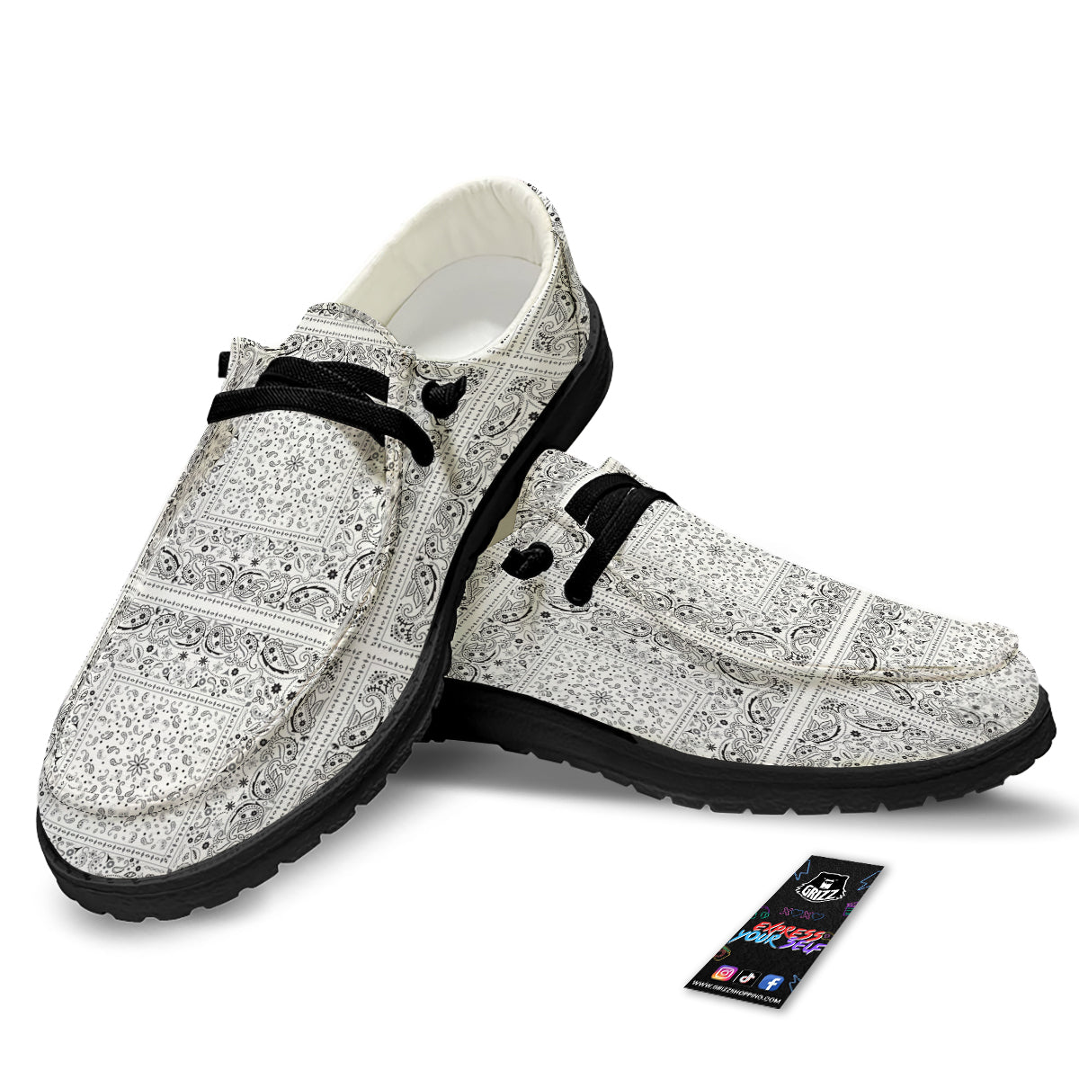 Bandana White Paisley Print Pattern Black Loafers-grizzshop