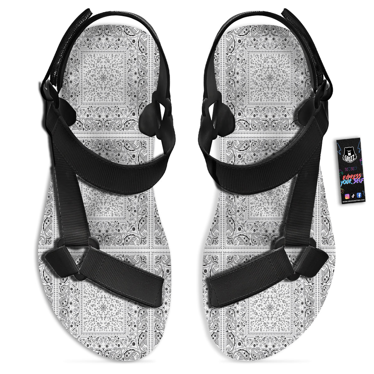 Bandana White Paisley Print Pattern Black Open Toe Sandals-grizzshop