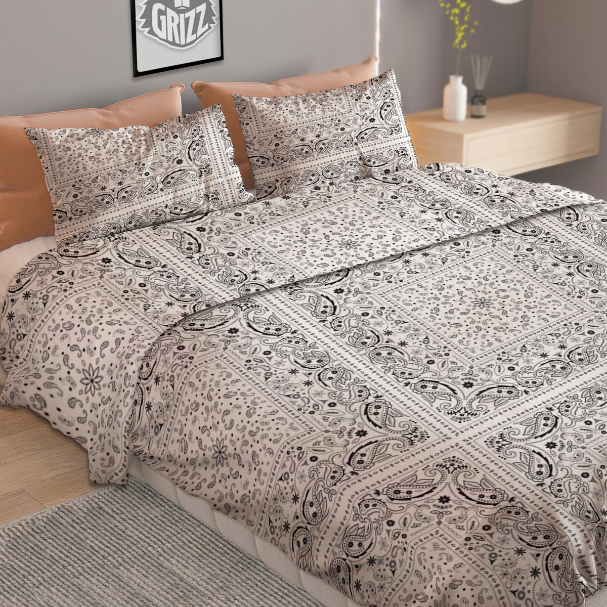 Bandana White Paisley Print Pattern Duvet Cover Bedding Set