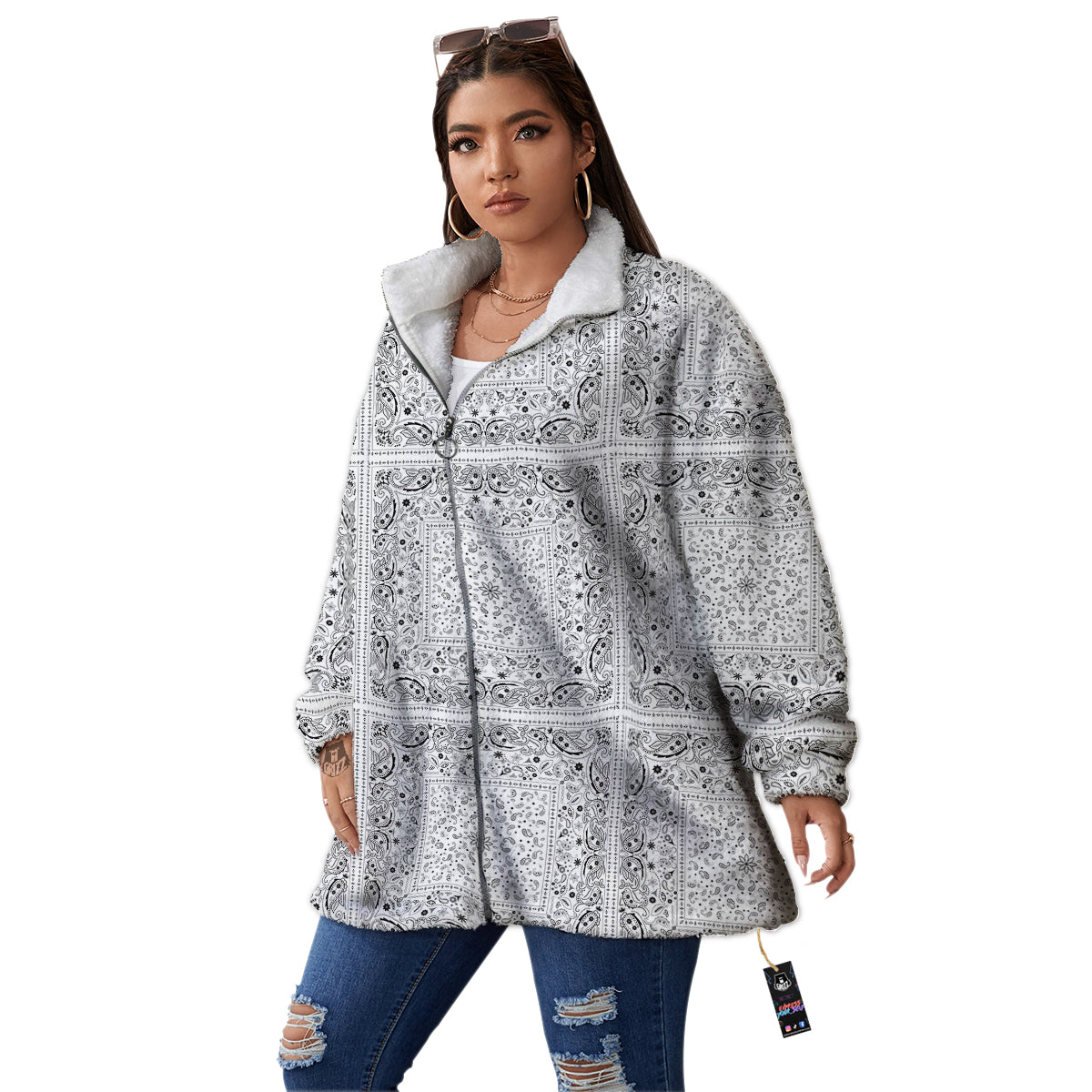 Bandana White Paisley Print Pattern Women's Sherpa Jacket-grizzshop
