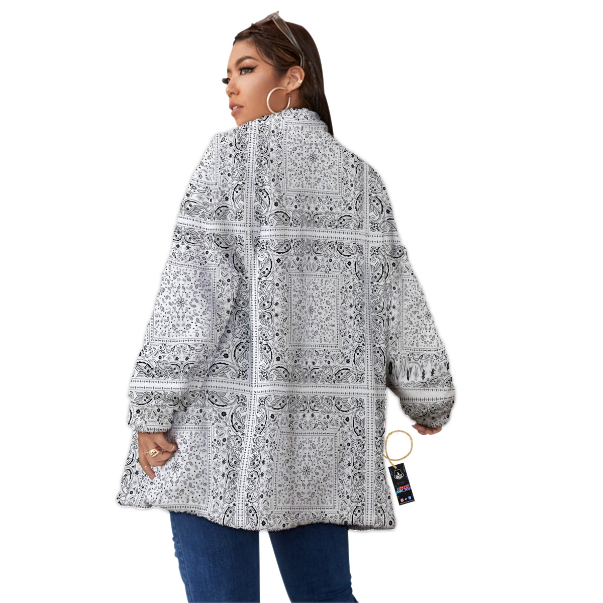 Bandana White Paisley Print Pattern Women's Sherpa Jacket-grizzshop