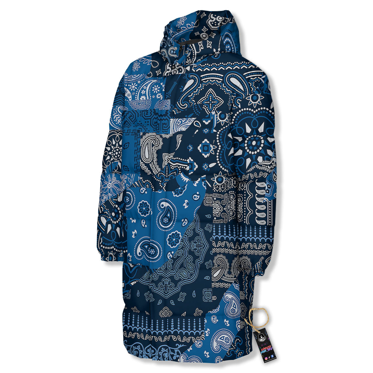 Bandana Blue Paisley Print Pattern Long Down Jacket