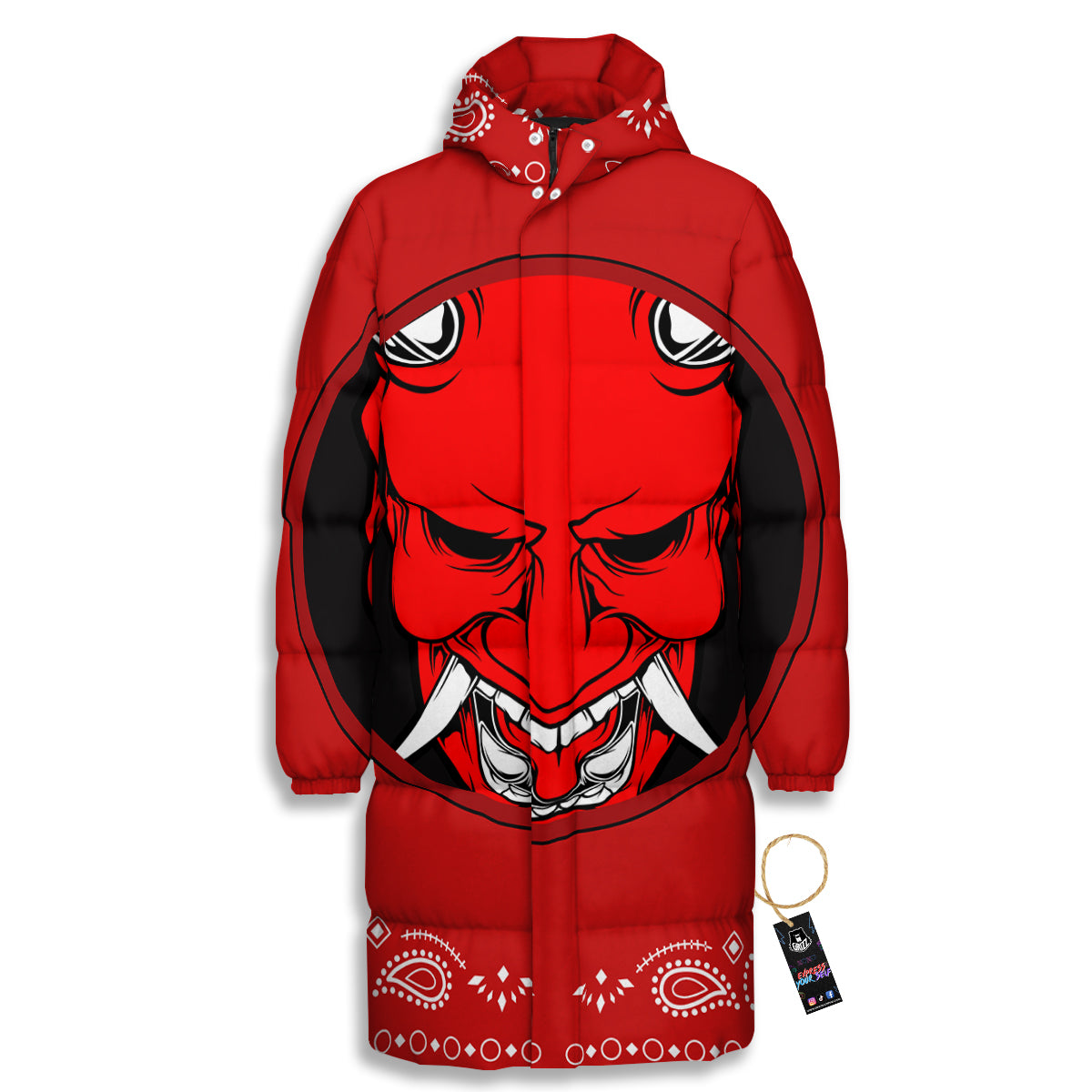 Bandana Red Hannya Demon Print Long Down Jacket