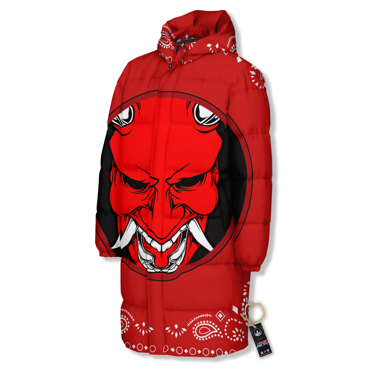 Bandana Red Hannya Demon Print Long Down Jacket