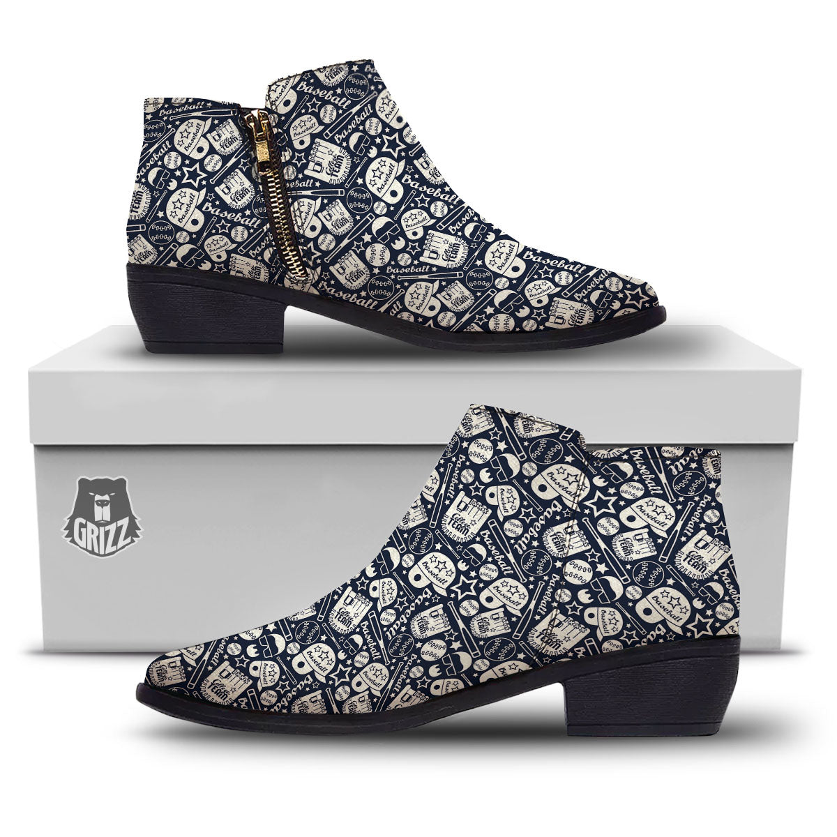 Baseball Black Print Pattern Ankle Boots-grizzshop