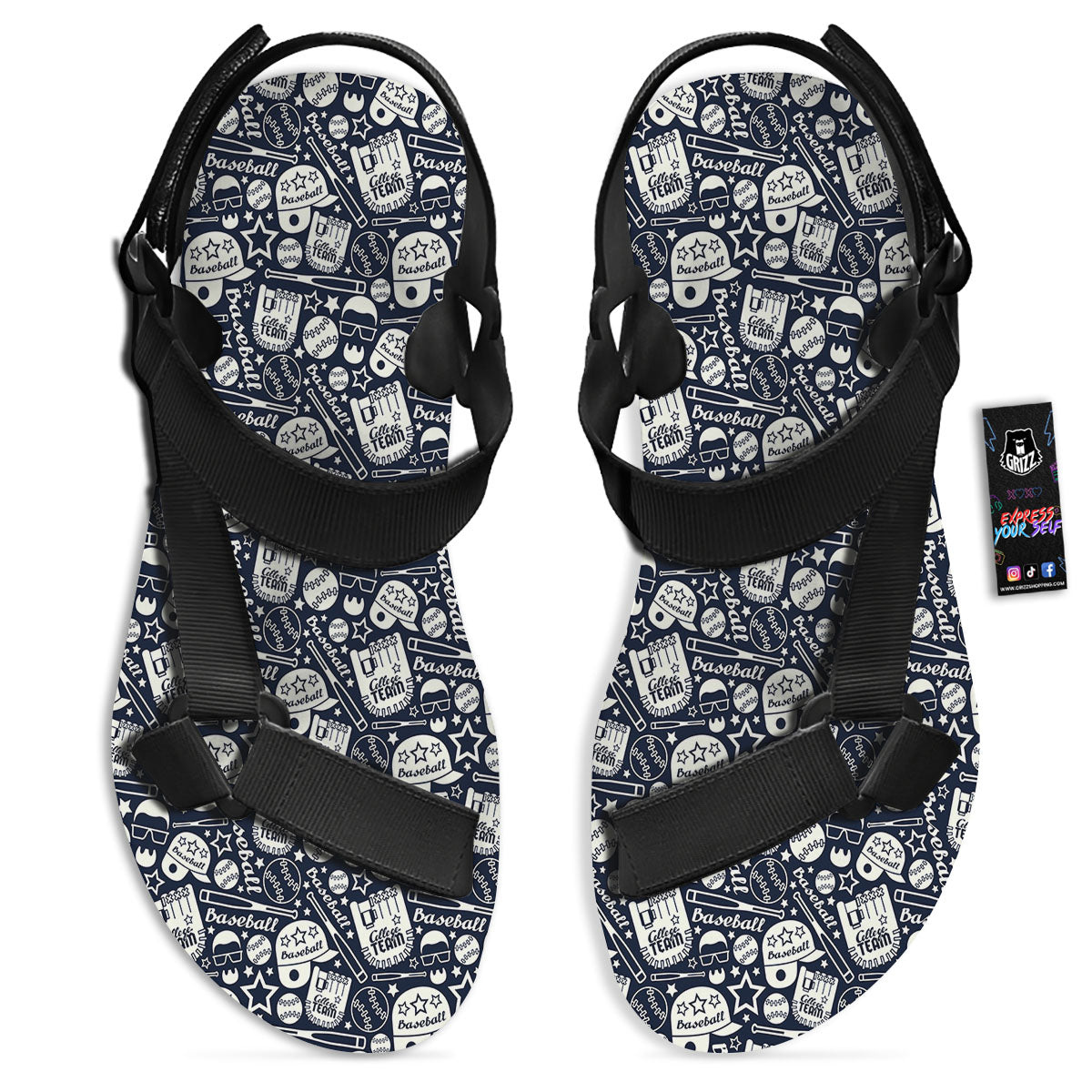 Baseball Black Print Pattern Black Open Toe Sandals-grizzshop