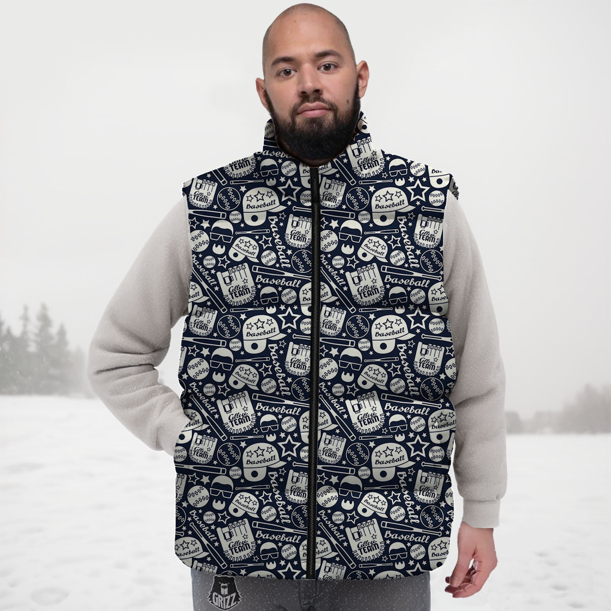 Baseball Black Print Pattern Down Vest
