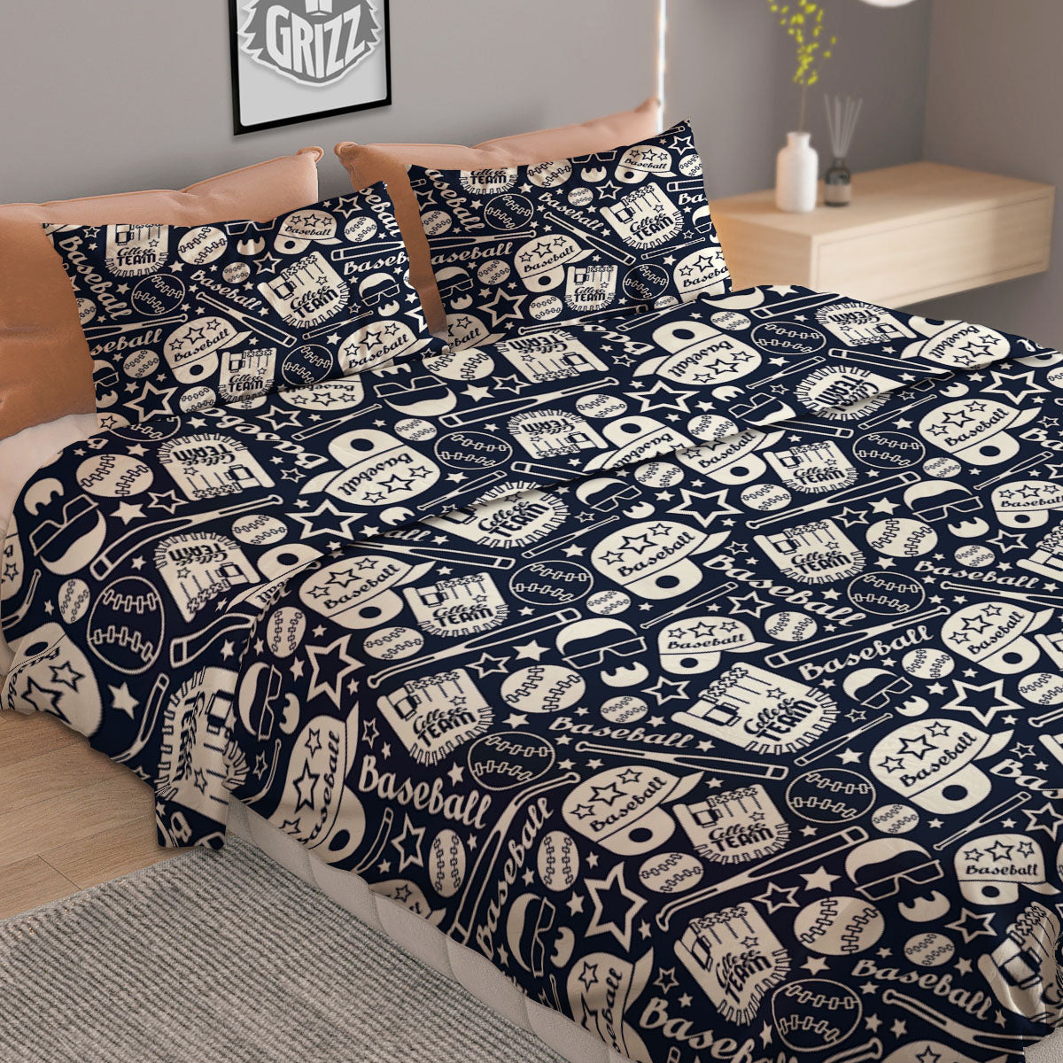 Baseball Black Print Pattern Duvet Cover Bedding Set