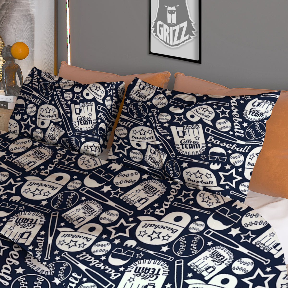 Baseball Black Print Pattern Duvet Cover Bedding Set