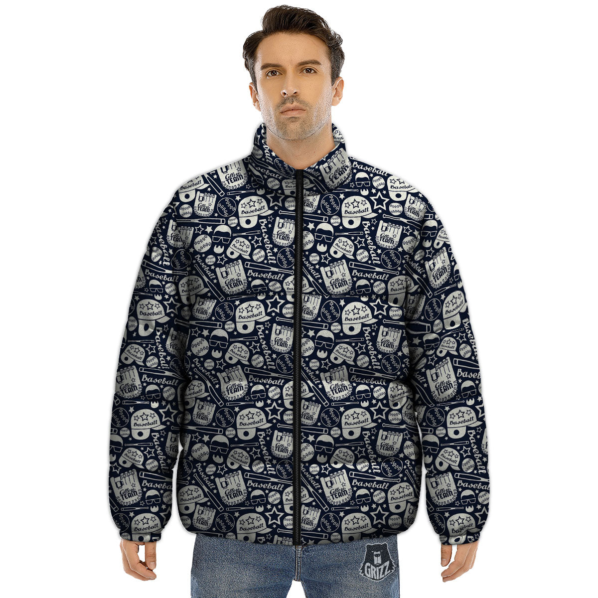 Baseball Black Print Pattern Puffer Jacket-grizzshop