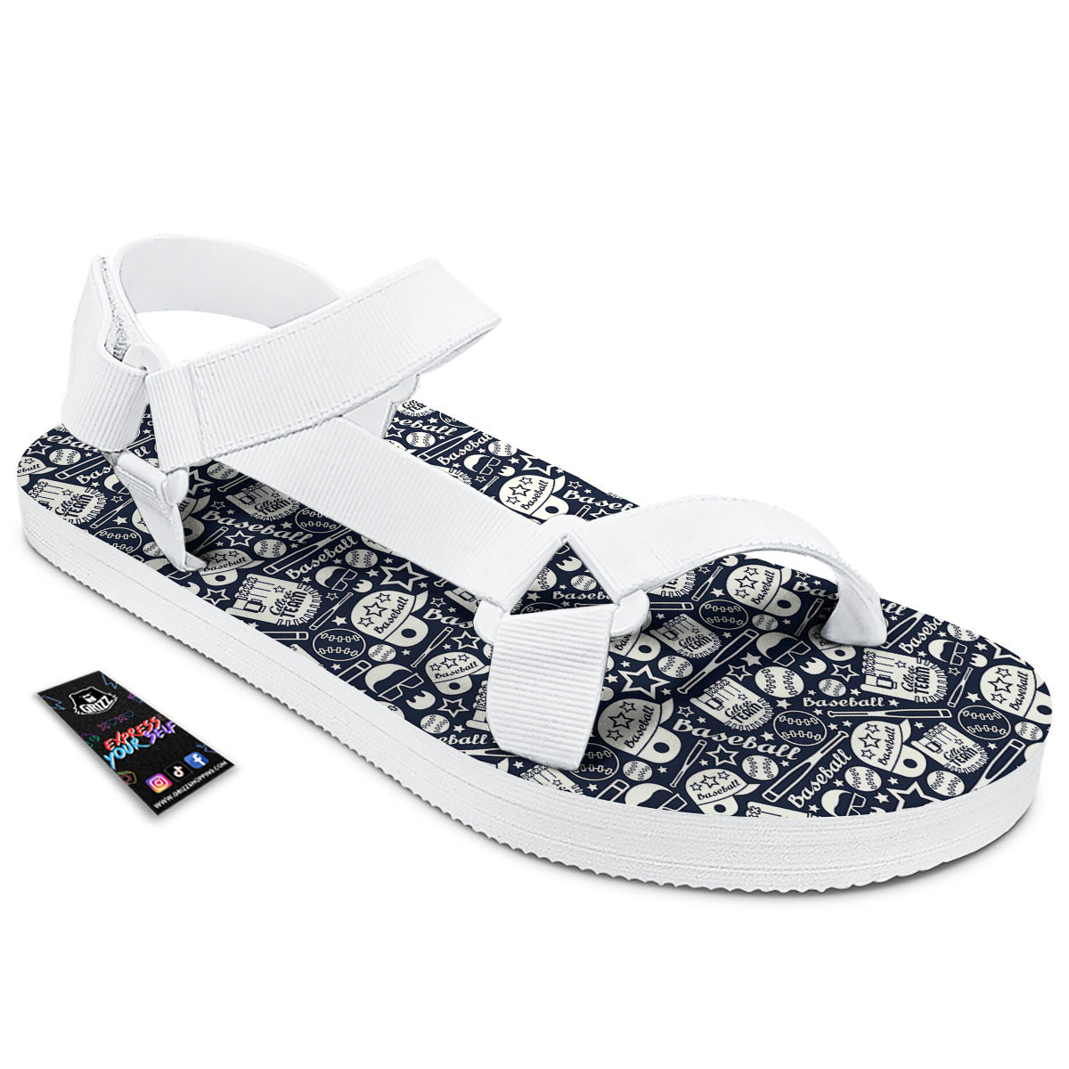 Baseball Black Print Pattern White Open Toe Sandals-grizzshop
