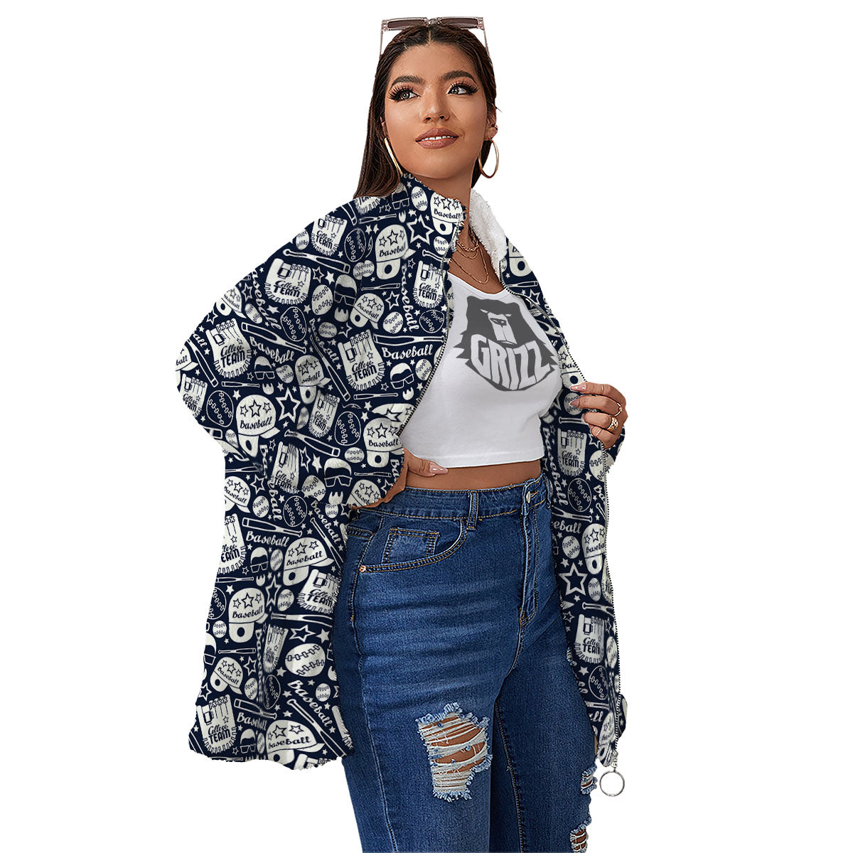 Baseball Black Print Pattern Women's Sherpa Jacket-grizzshop