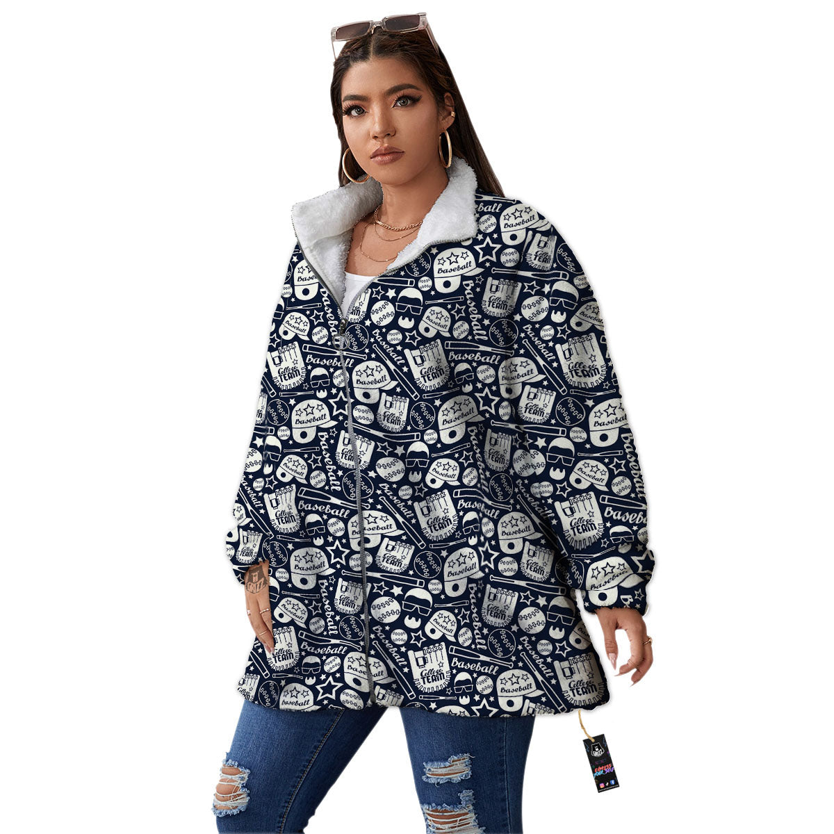 Baseball Black Print Pattern Women's Sherpa Jacket-grizzshop