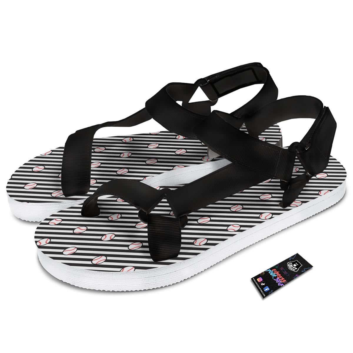 Baseball Black Striped Print Pattern Black Open Toe Sandals-grizzshop