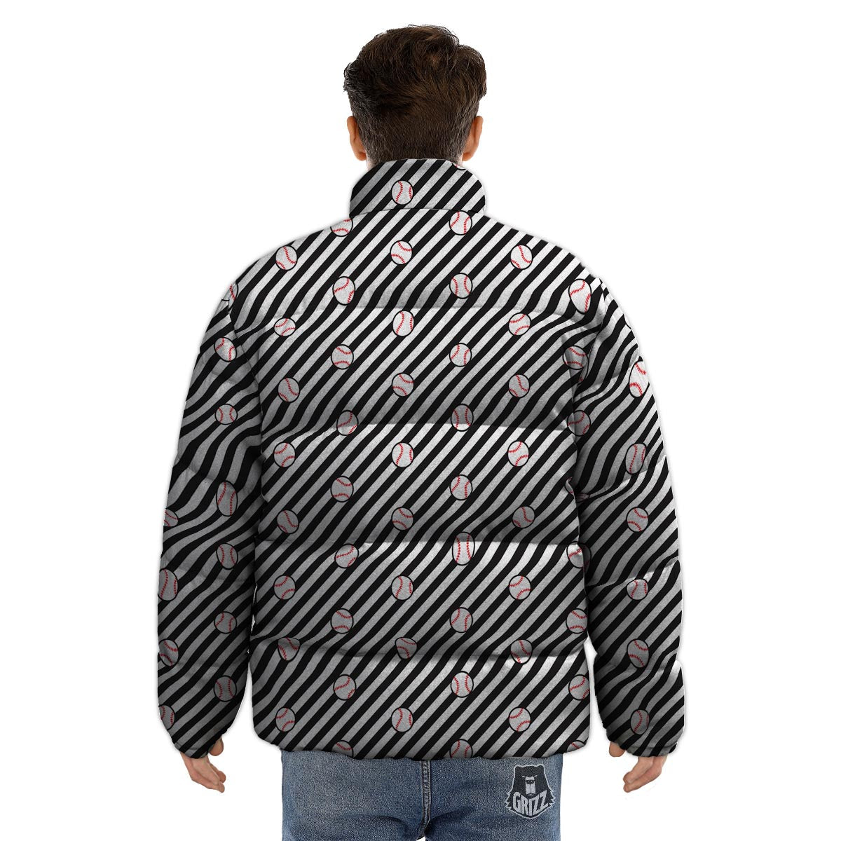 Baseball Black Striped Print Pattern Puffer Jacket-grizzshop