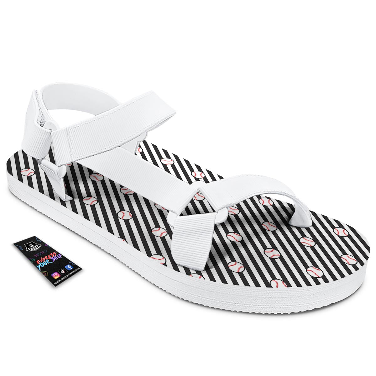 Baseball Black Striped Print Pattern White Open Toe Sandals-grizzshop
