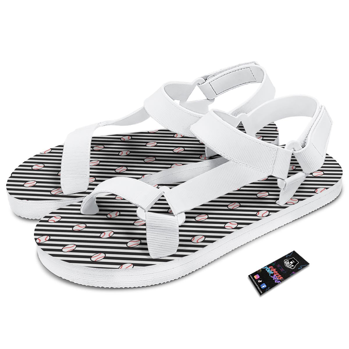 Baseball Black Striped Print Pattern White Open Toe Sandals-grizzshop