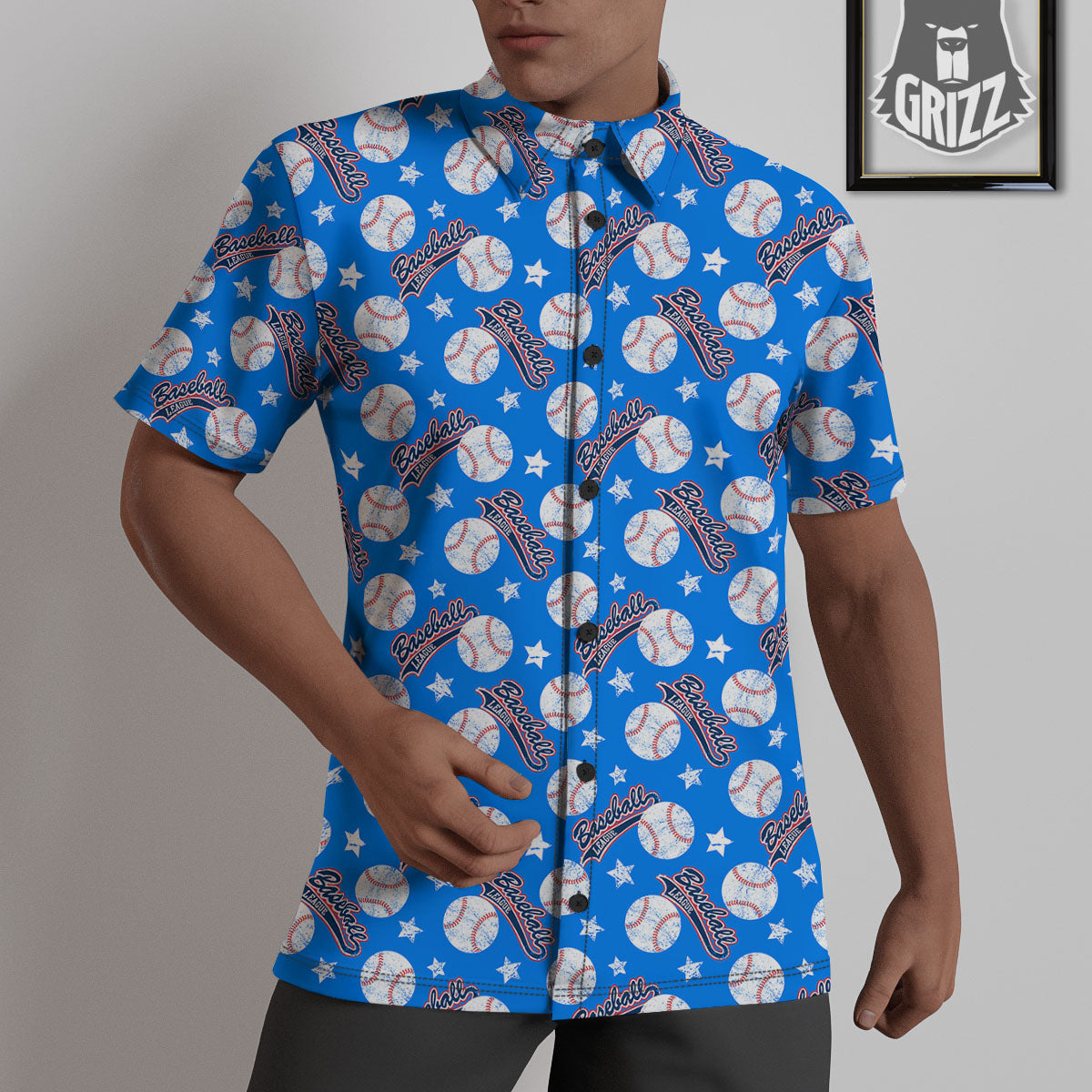 Baseball Blue Print Pattern Untucked Shirts-grizzshop