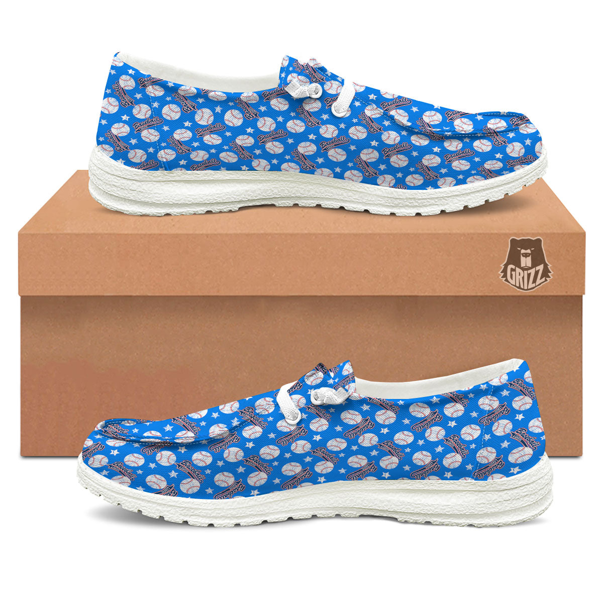 Baseball Blue Print Pattern White Loafers-grizzshop