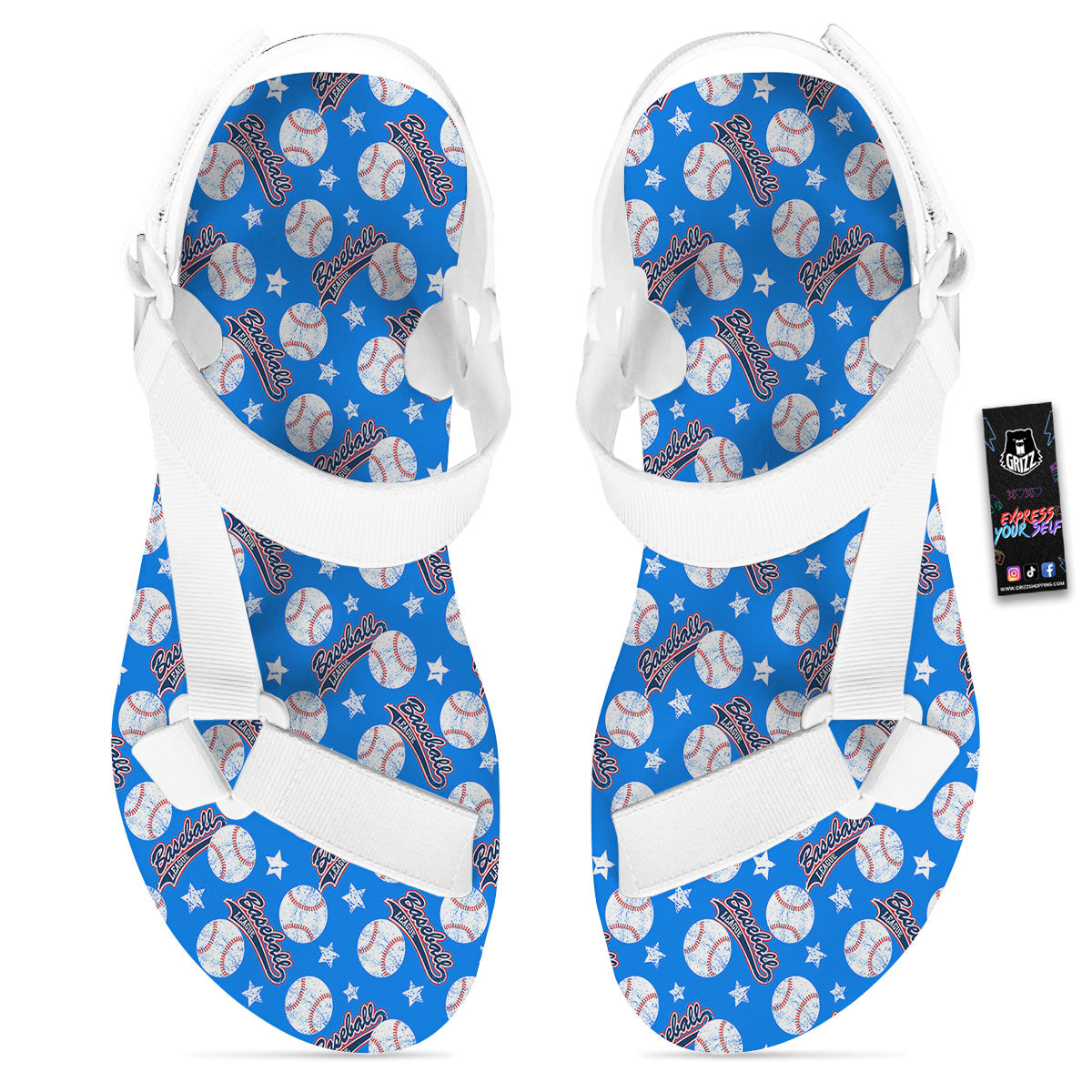 Baseball Blue Print Pattern White Open Toe Sandals-grizzshop