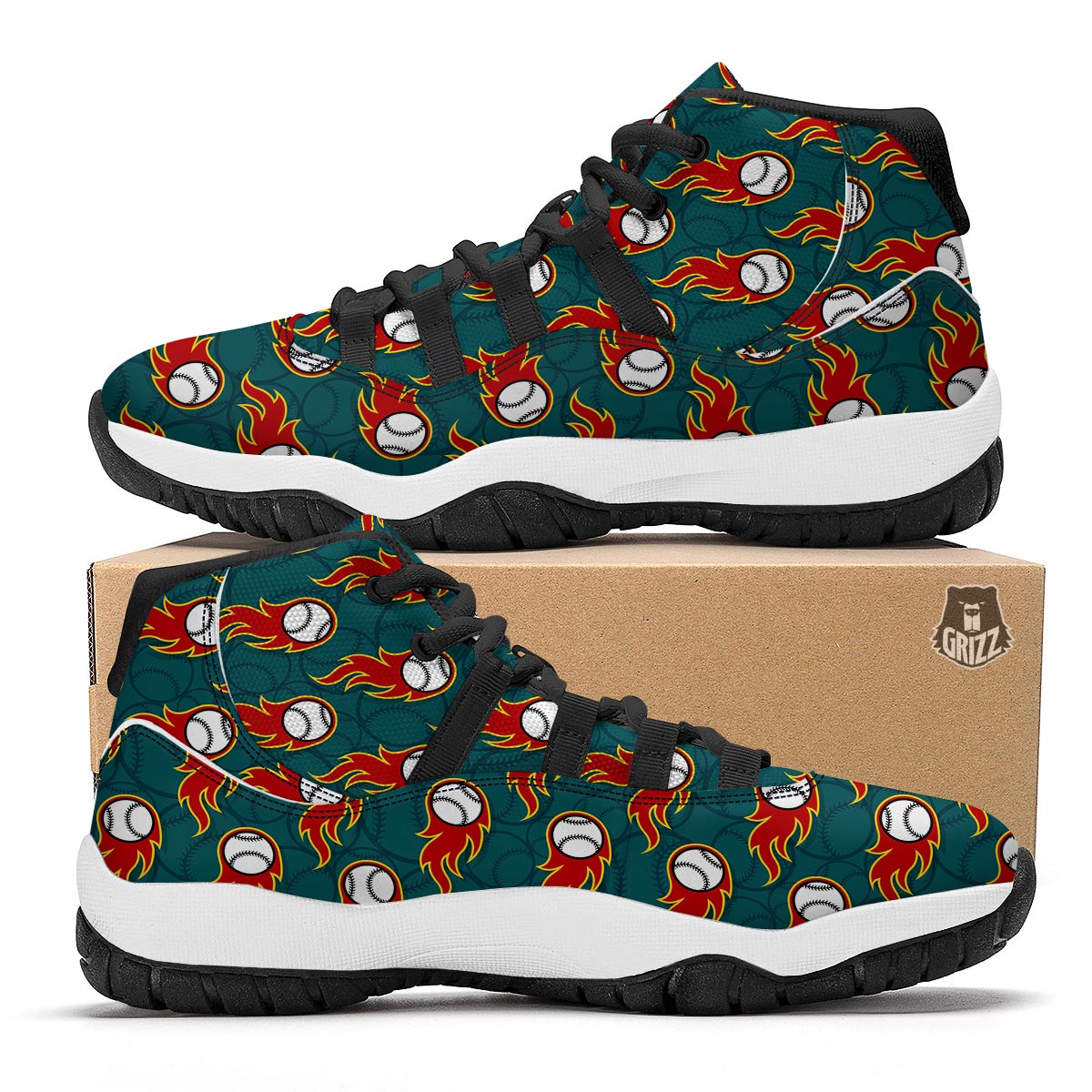Baseball Fire Pattern Print Black Bball Shoes-grizzshop