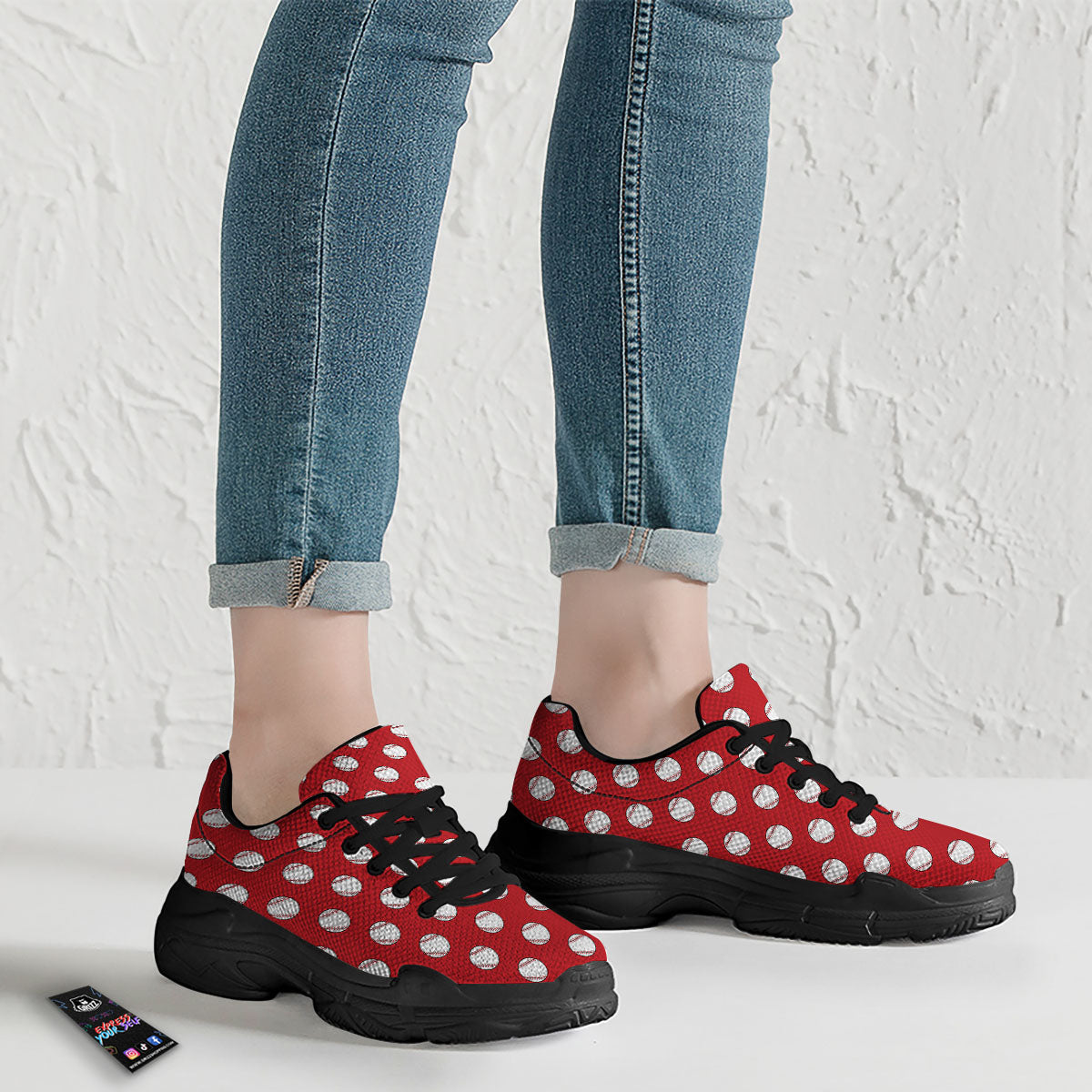 Baseball Red Print Pattern Black Chunky Shoes-grizzshop