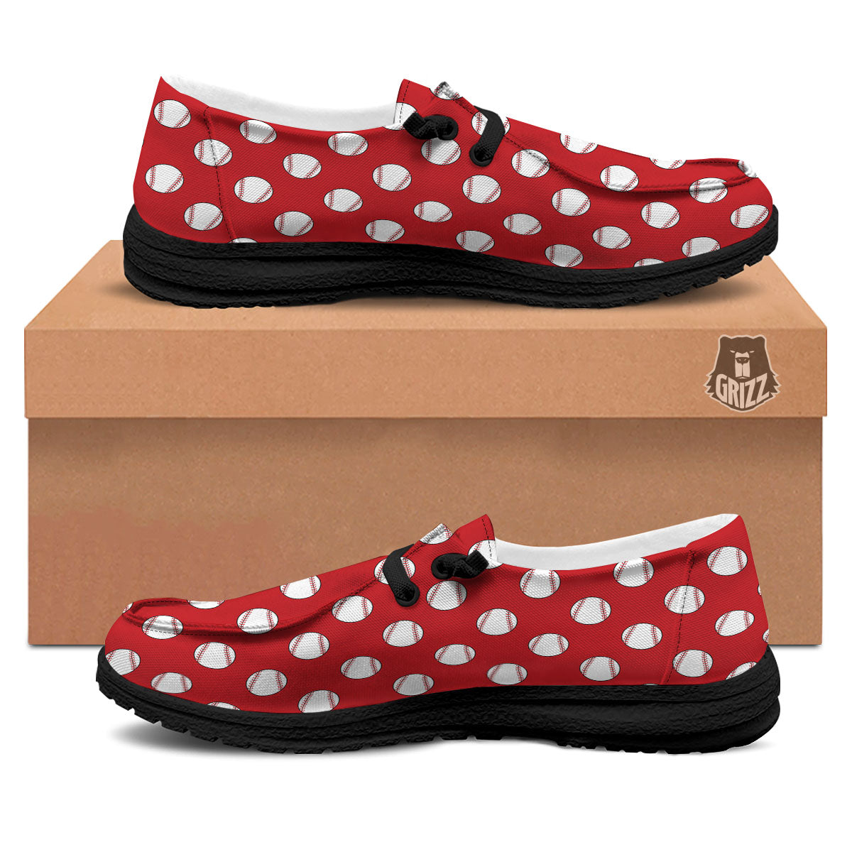 Baseball Red Print Pattern Black Loafers-grizzshop