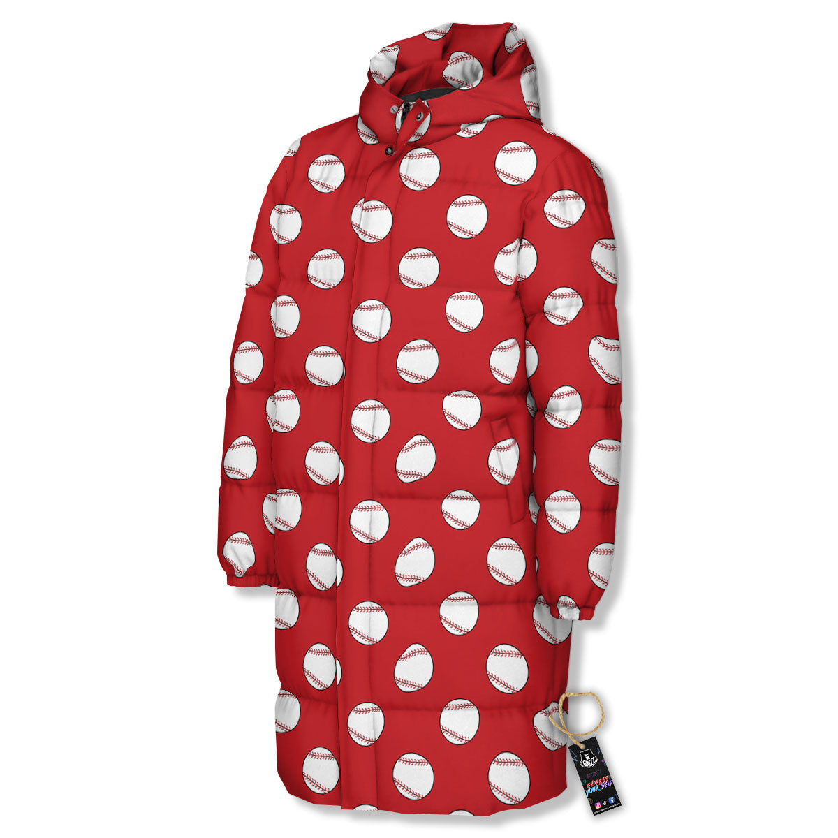 Baseball Red Print Pattern Long Down Jacket-grizzshop