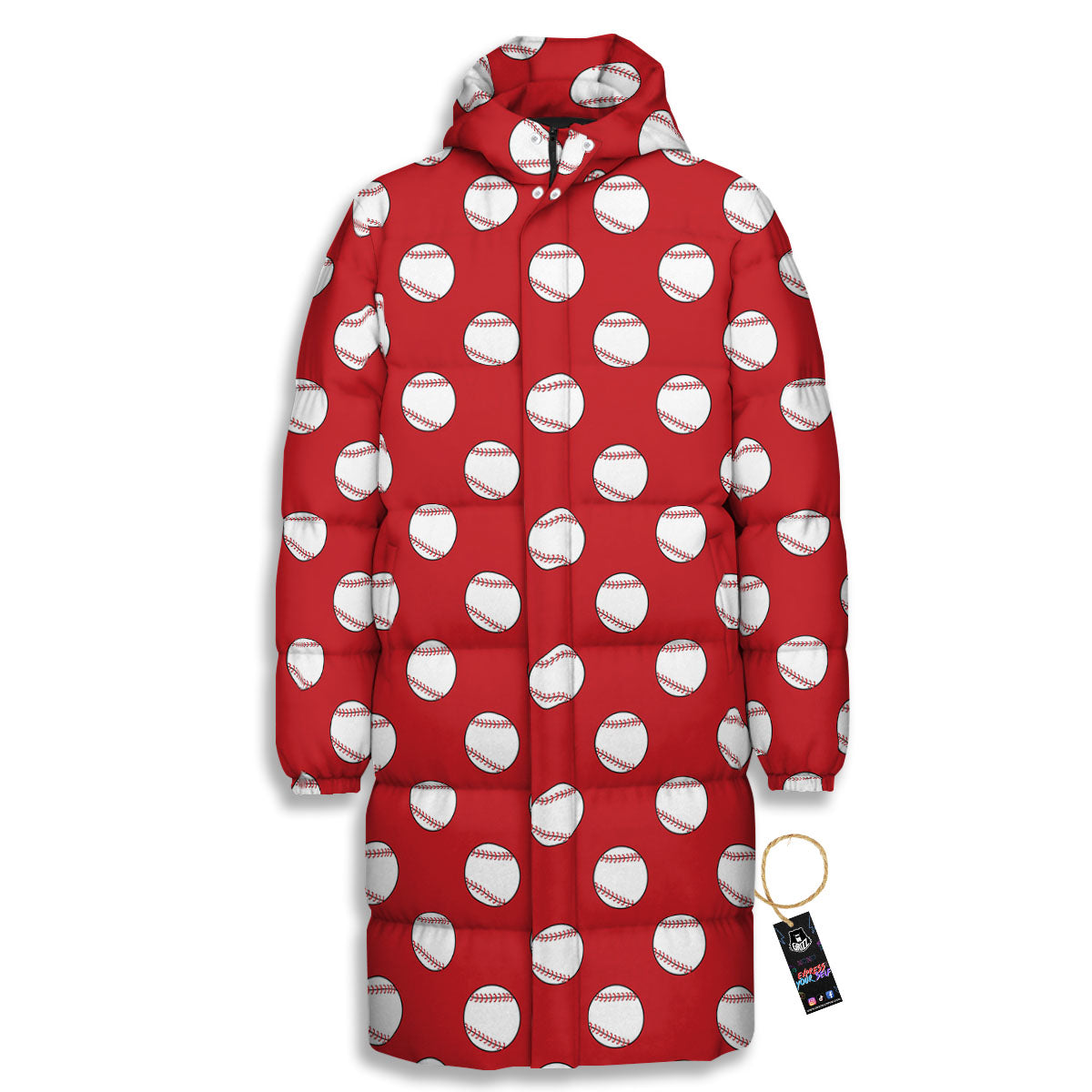 Baseball Red Print Pattern Long Down Jacket-grizzshop