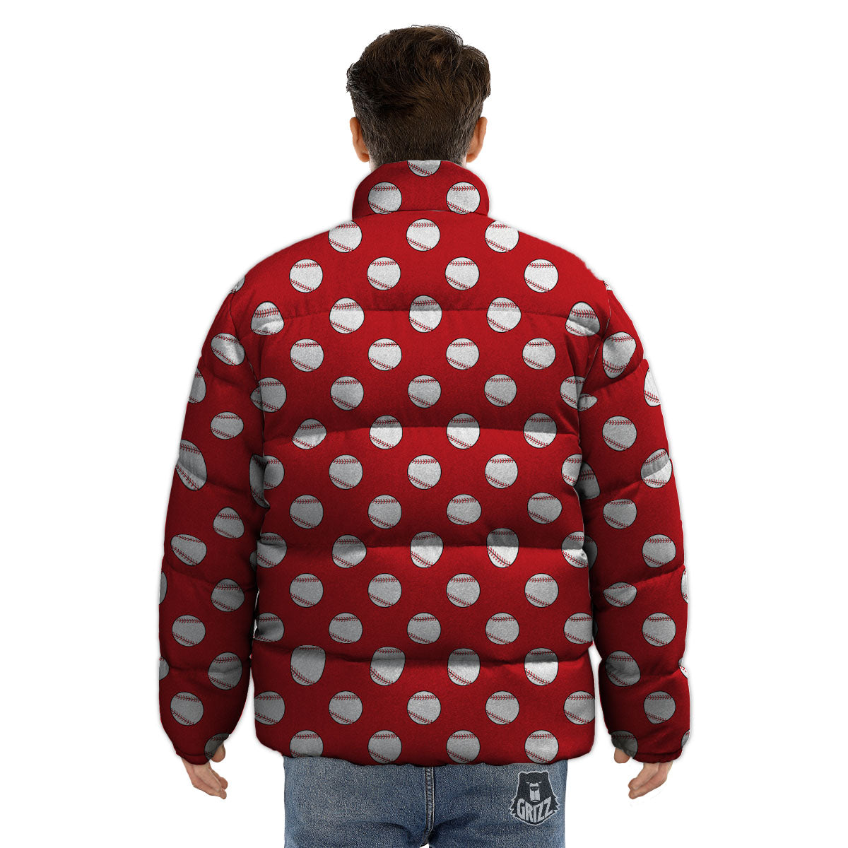 Baseball Red Print Pattern Puffer Jacket-grizzshop