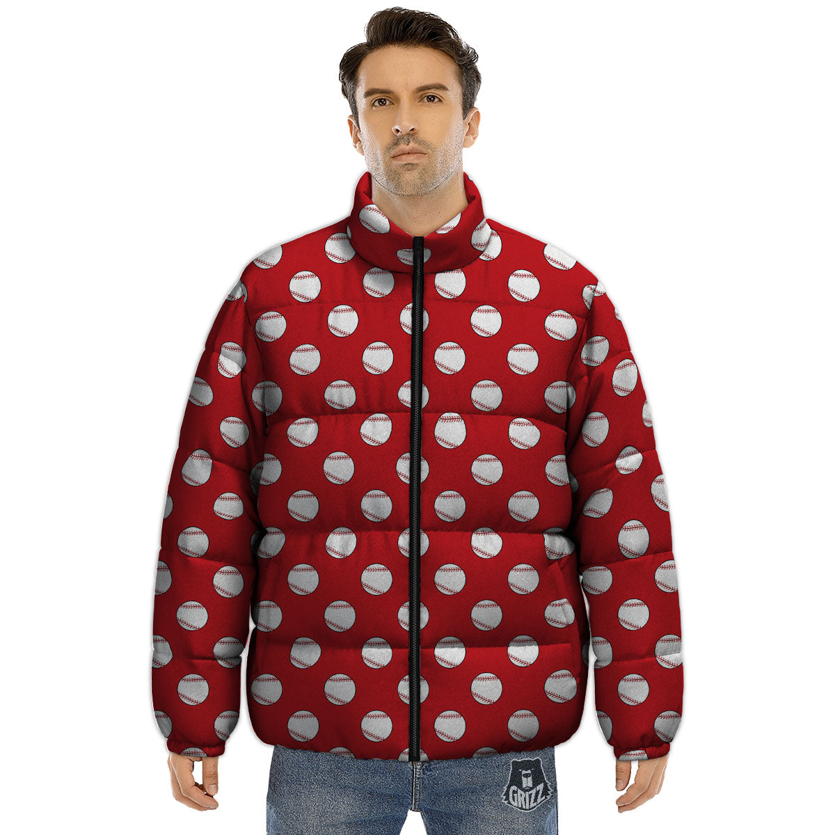 Baseball Red Print Pattern Puffer Jacket-grizzshop