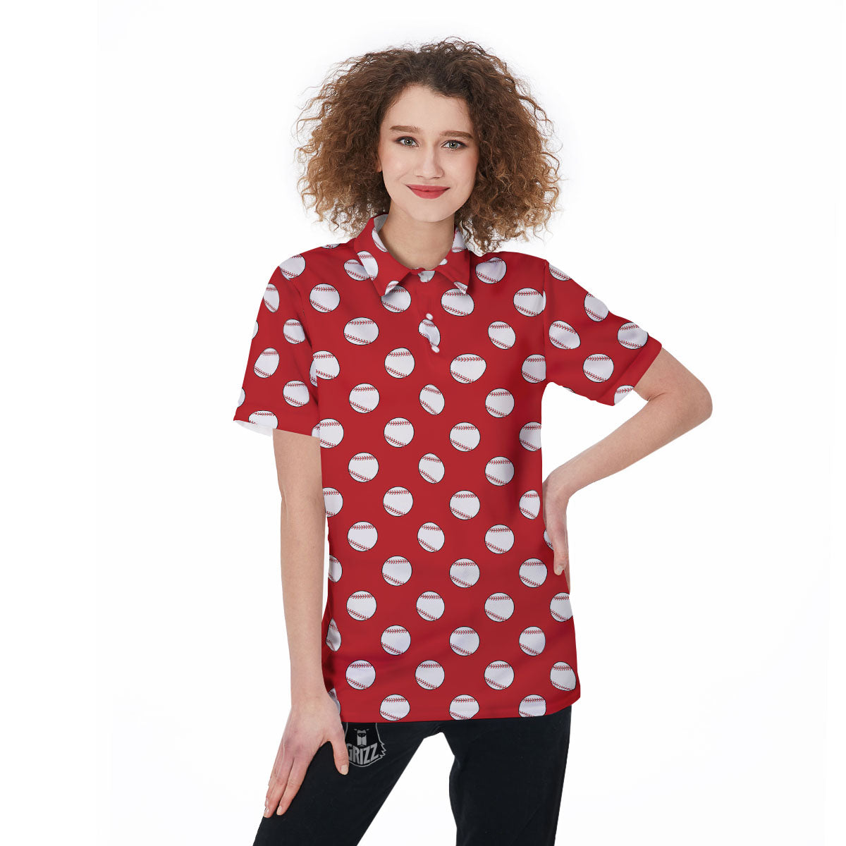 Baseball Red Print Pattern Women's Golf Shirts-grizzshop