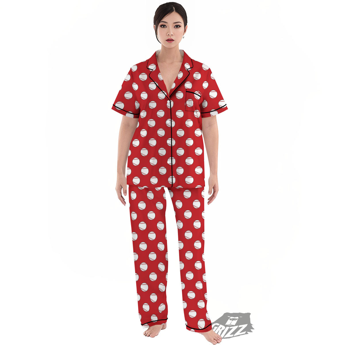 Baseball Red Print Pattern Women's Pajamas Set-grizzshop