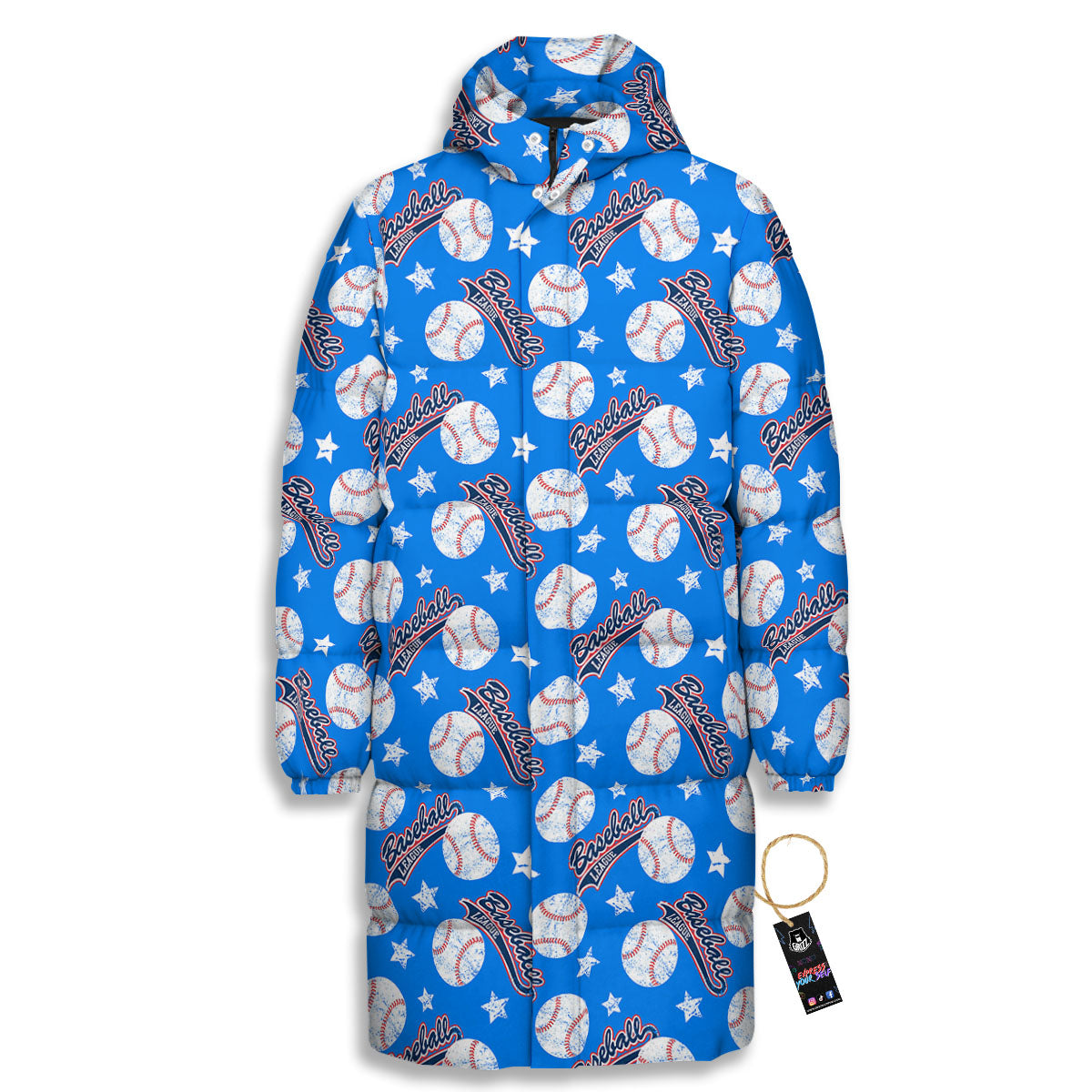 Baseball Blue Print Pattern Long Down Jacket