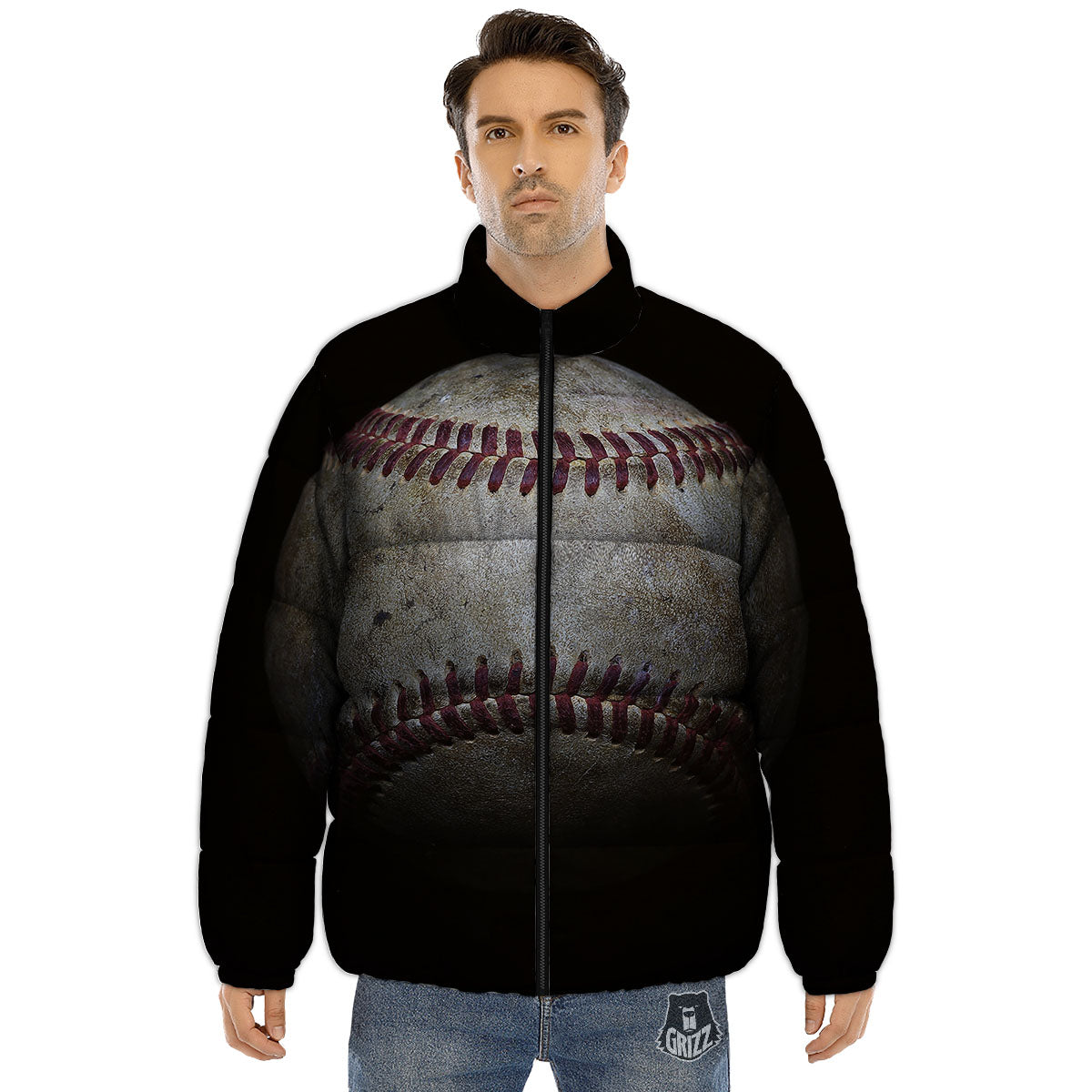 Baseballs Grunge Print Puffer Jacket-grizzshop