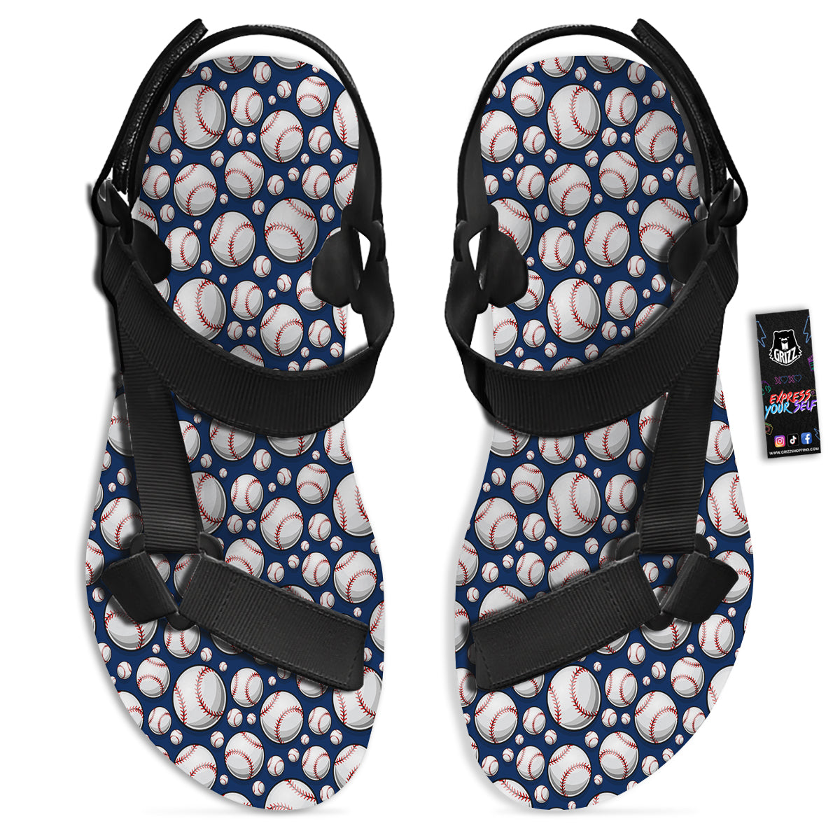 Baseballs Print Pattern Black Open Toe Sandals-grizzshop