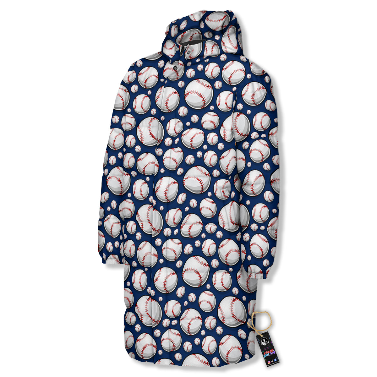 Baseballs Print Pattern Long Down Jacket-grizzshop