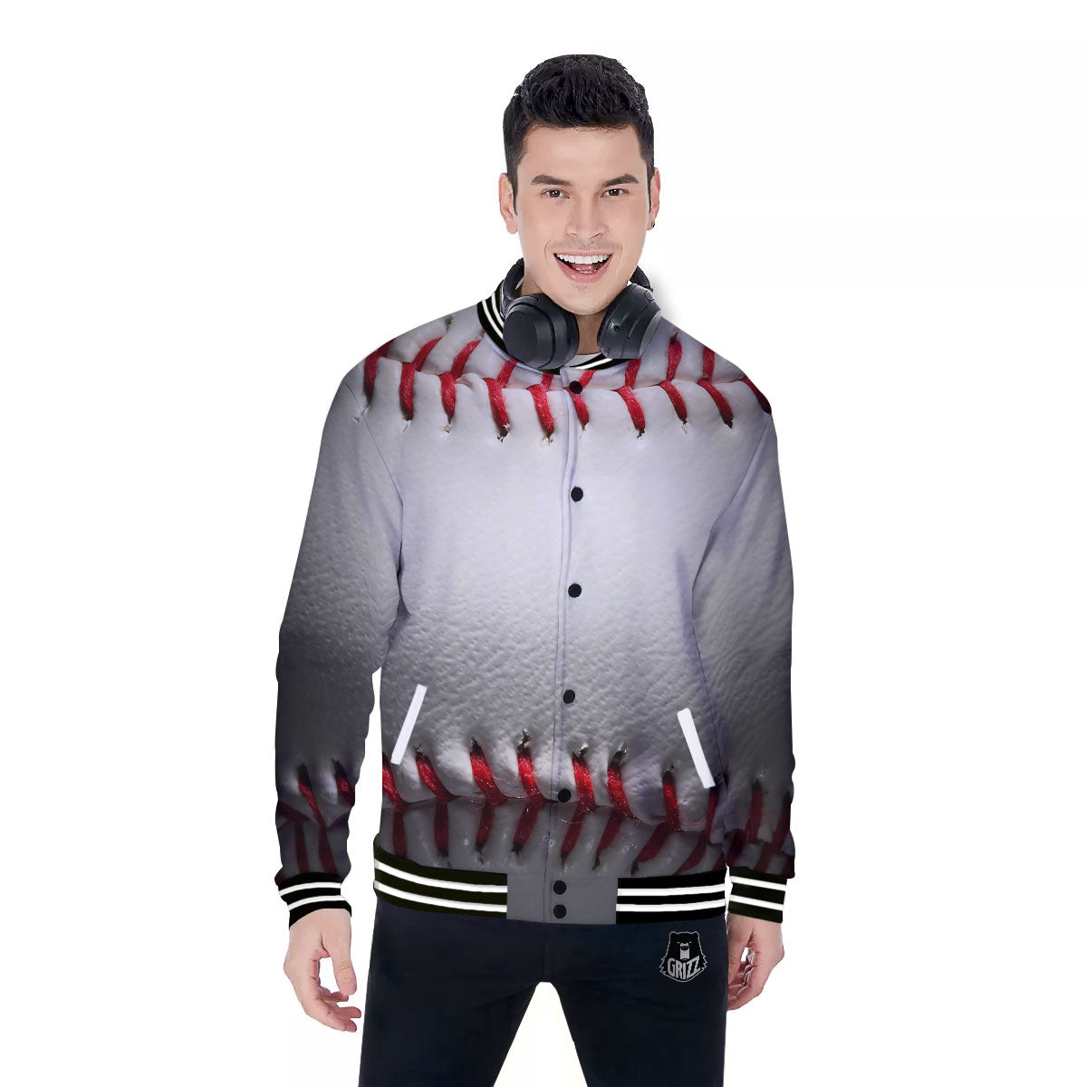 Baseballs Texture Print Baseball Jacket-grizzshop