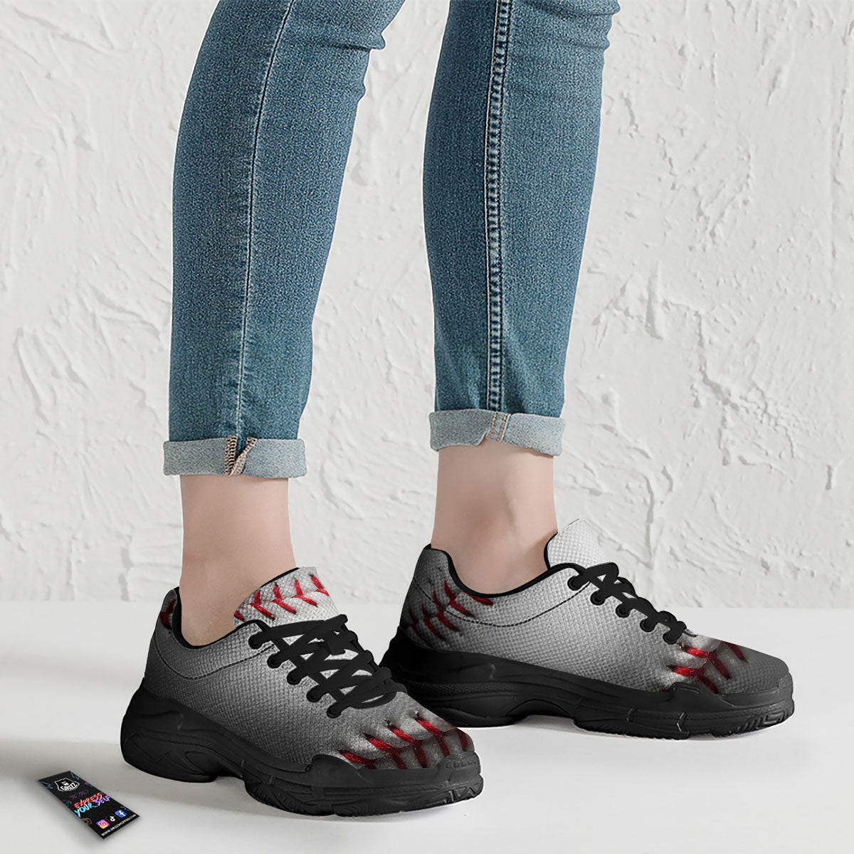 Baseballs Texture Print Black Chunky Shoes-grizzshop