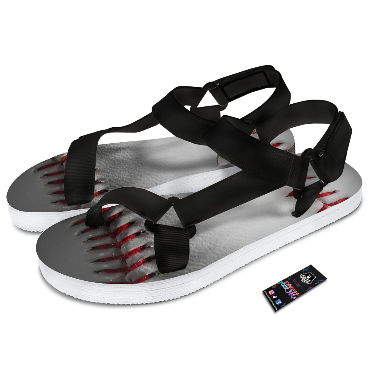 Baseballs Texture Print Black Open Toe Sandals-grizzshop