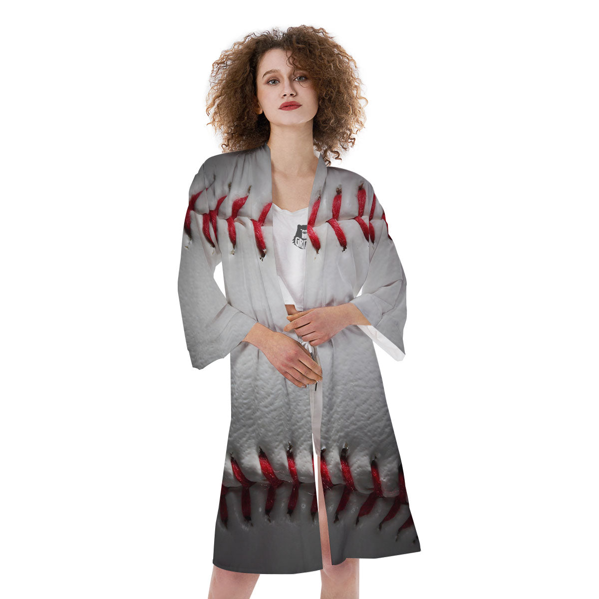 Baseballs Texture Print Kimono-grizzshop