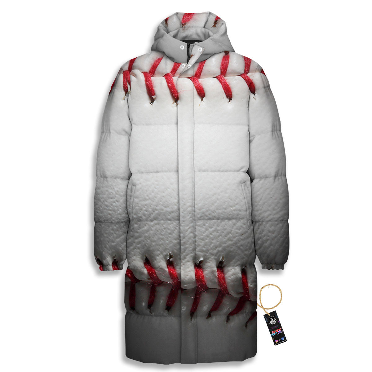 Baseballs Texture Print Long Down Jacket-grizzshop