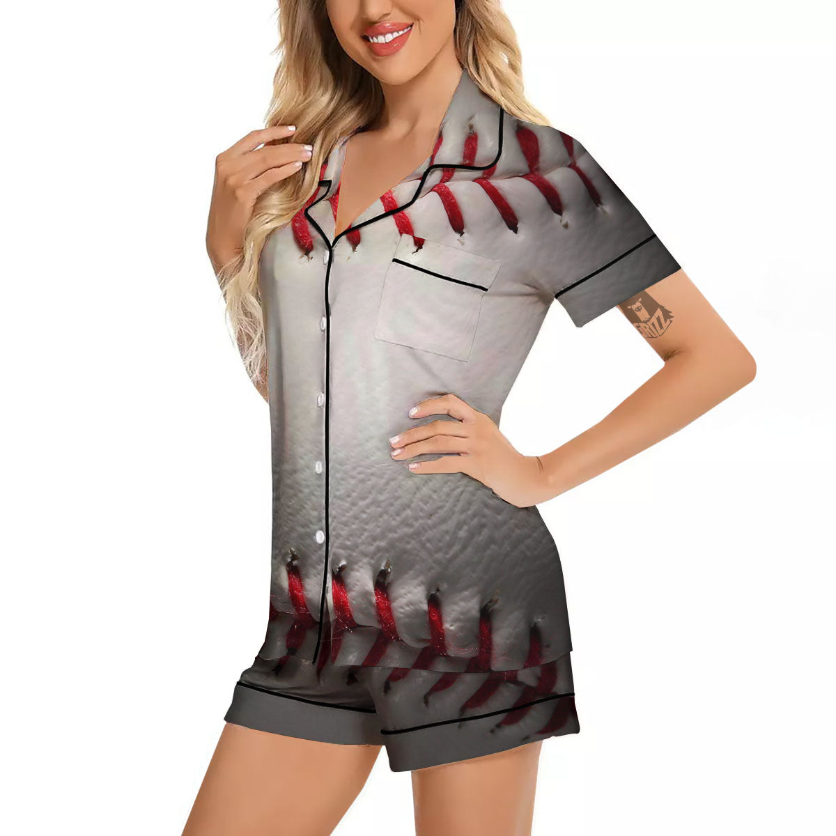 Baseballs Texture Print Women Silk Pajamas-grizzshop