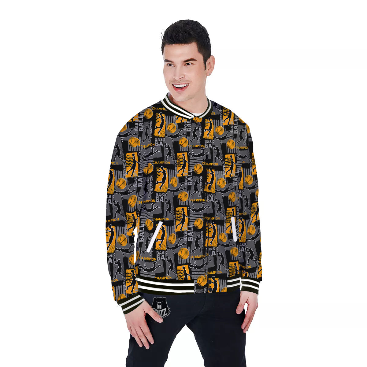 Basketball Black Yellow Print Pattern Baseball Jacket-grizzshop